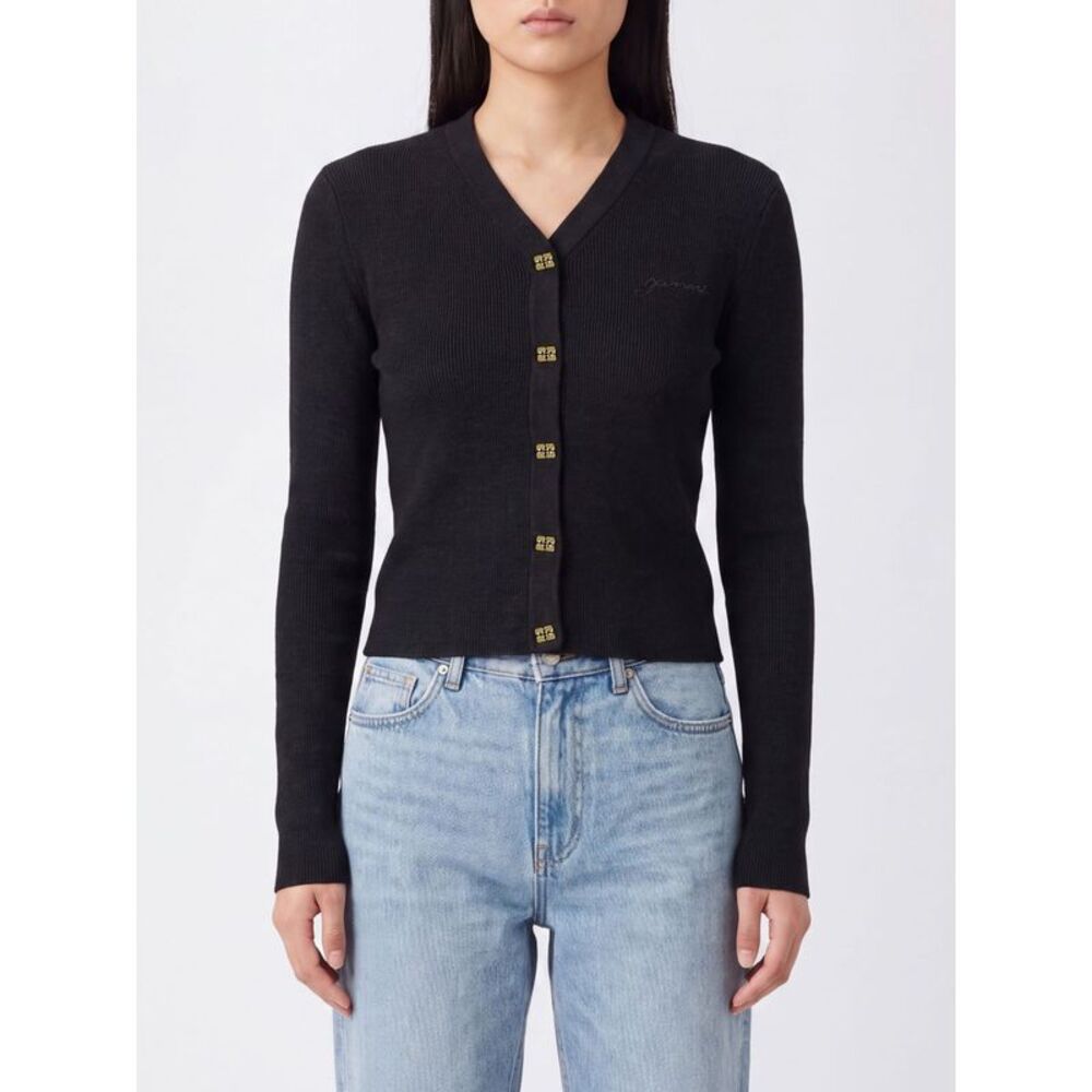 Ganni Women Slim Fit V-Neck Merino Wool Cardigan Ganni With Butterfly Logo